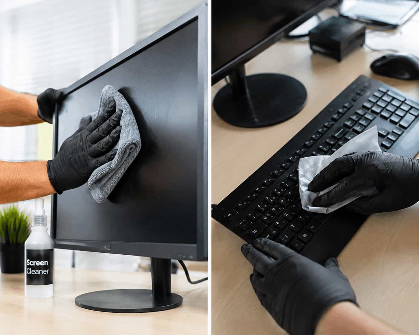 Een beeldscherm wordt schoongemaakt met een microvezeldoek en een toetsenbord met een reinigingsdoekje.