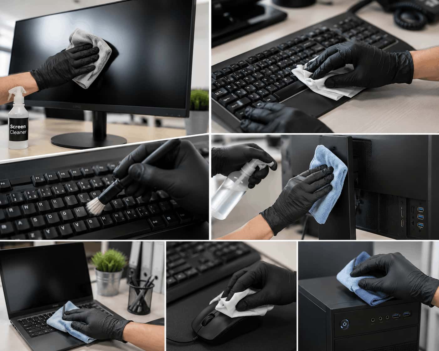Beeldscherm, toetsenbord, muis, laptop en pc-kast worden een voor een gereinigd met doek, doekje, kwast en spray.