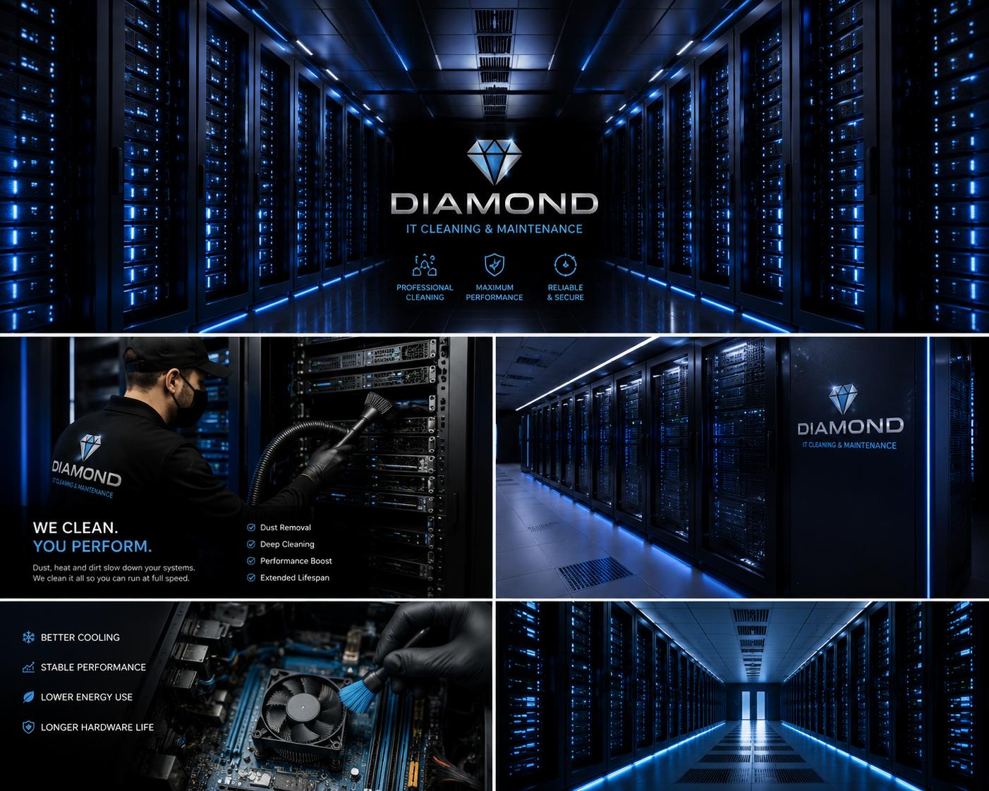 Poster met serverruimtes: een technicus verwijdert stof uit serverracks met een borstel, en een moederbord met koelventilator wordt schoongemaakt. Het beeld draagt het logo DIAMOND IT Cleaning & Maintenance.