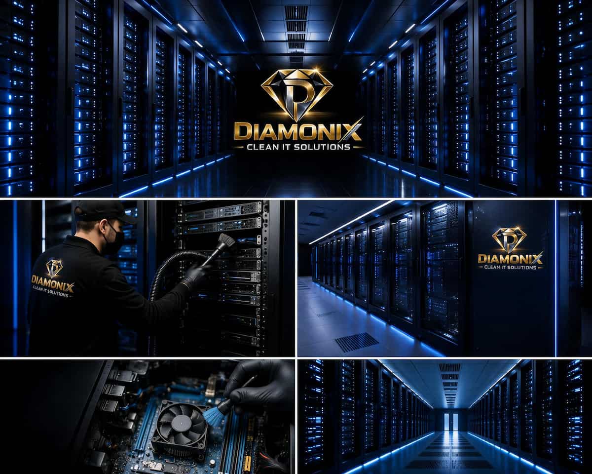 Poster met serverruimtes: een technicus verwijdert stof uit serverracks met een borstel, en een moederbord met koelventilator wordt schoongemaakt. Het beeld draagt het logo DIAMOND IT Cleaning & Maintenance.