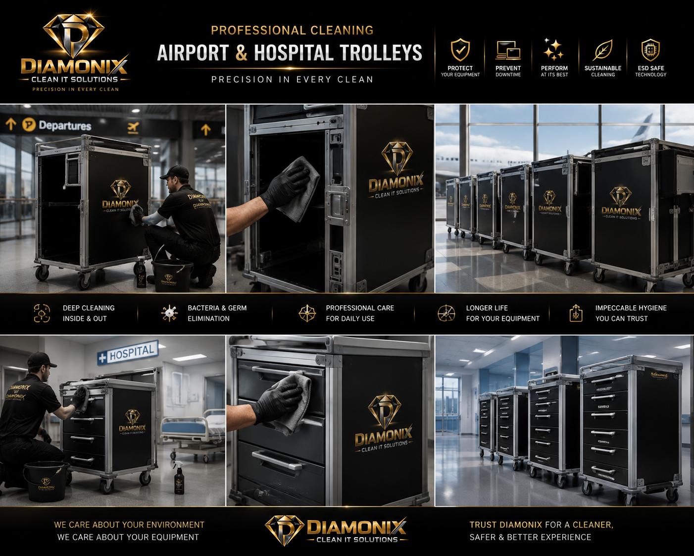 DIAMONIX-poster: professionele reiniging van trolleys voor luchthavens en ziekenhuizen. Medewerkers maken zwarte trolleys schoon in een vertrekhal en op een ziekenhuisafdeling.